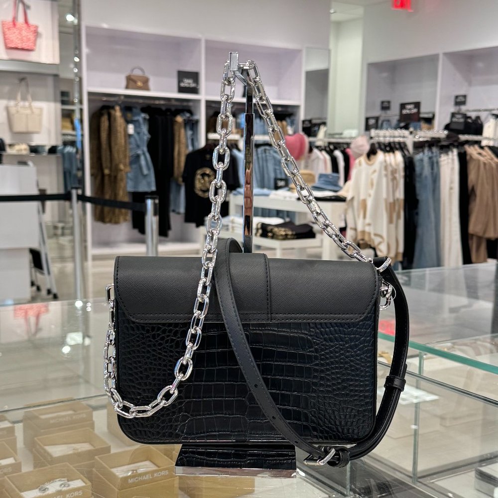 Michael Kors Carmen MD Flap Shoulder Chain Crossbody Bag Embossed Black/Silver - Picture 2 of 8